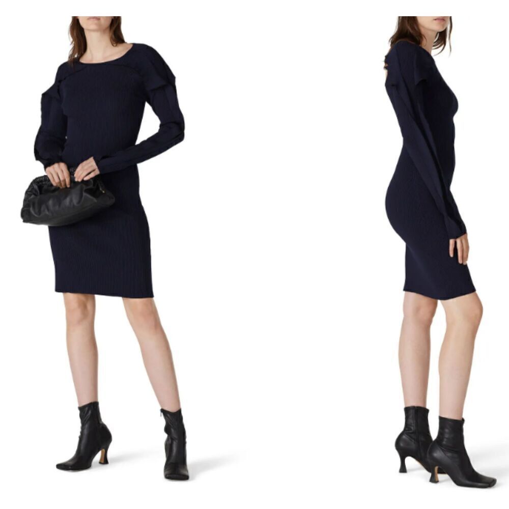 Koche Navy Ribbed Cut Out Dress Stretch Mini Backless Long Sleeve Size Large‎